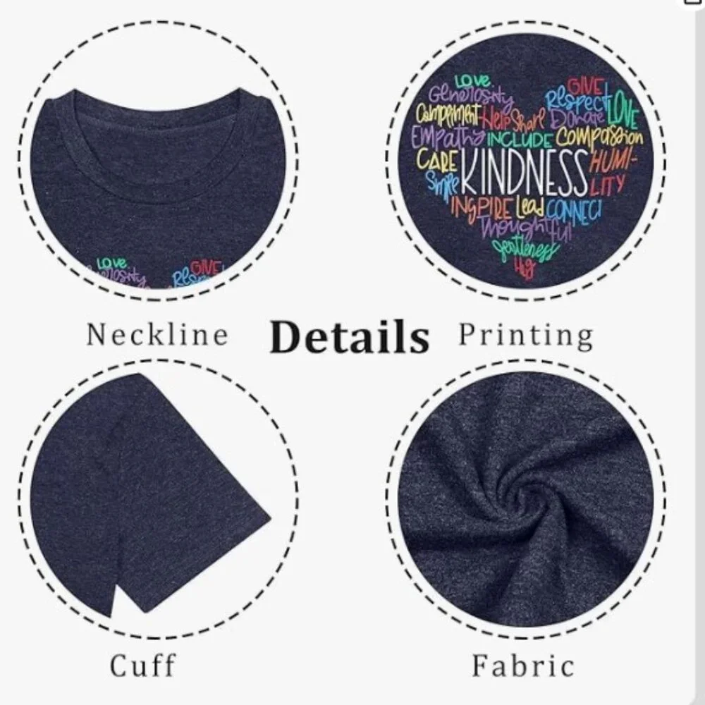 Womens Kindness Shirt Be Kind Teacher Graphic Tees Short Sleeve Valentine's Day - Picture 2 of 3